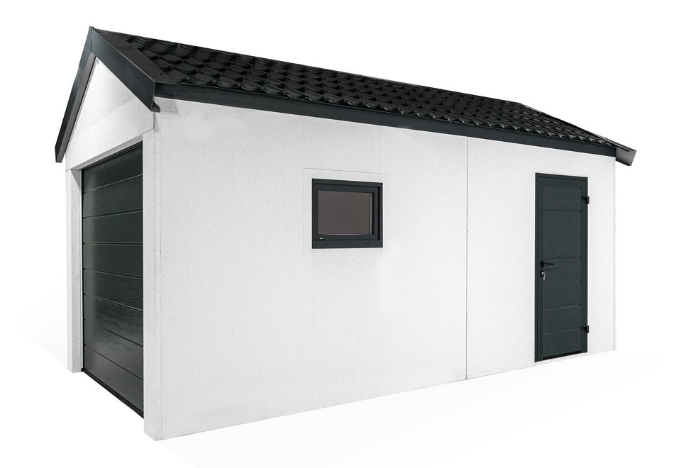 Profil garáže 3 x 5,5 m se zateplenou sedlovou střechou, bílou omítkou, vraty, dveřmi a oknem.