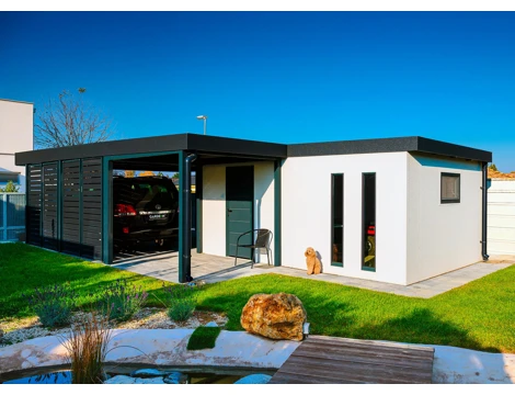 GARDEON® Garáž s dveřmi, oknem, 2 světlíky a přístřeškem