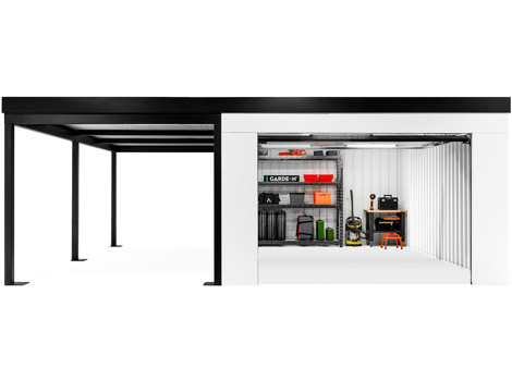 GARDEON® Garáž s vraty Hörmann, oknem a levým přístřeškem GARDEON® Garáž s vraty Hörmann, oknem a levým přístřeškem