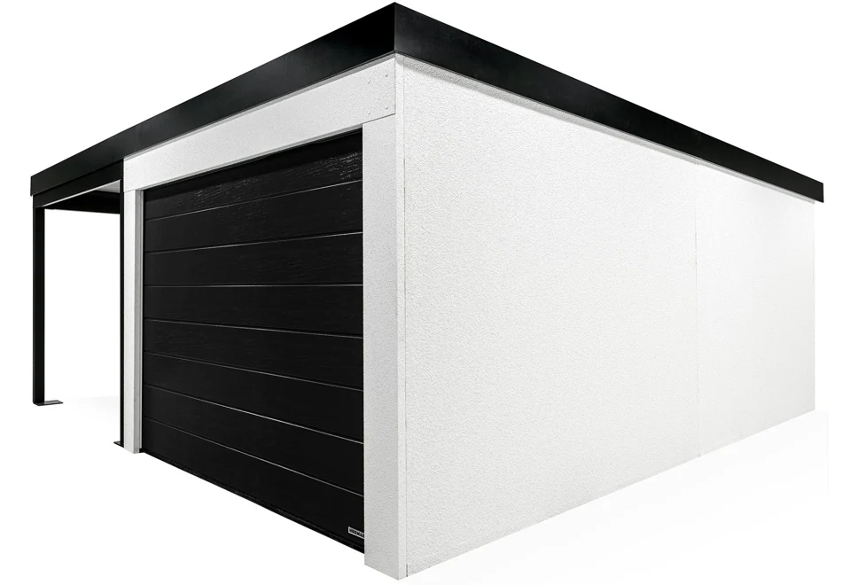 GARDEON® Garáž se sekčními garážovými vraty Hörmann (3000 × 2125 mm) a přístřeškem