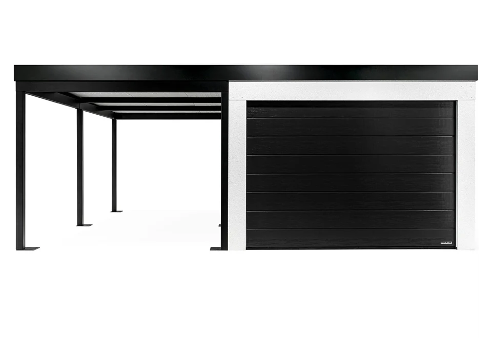 GARDEON® Garáž se sekčními garážovými vraty Hörmann (3000 × 2125 mm) a přístřeškem