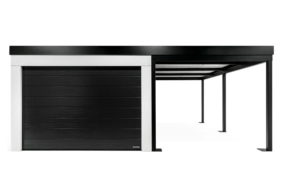 GARDEON® Garáž se sekčními garážovými vraty Hörmann (3000 × 2125 mm) a přístřeškem