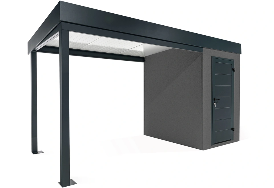 Garden mini house with 3m left carport in dark grey