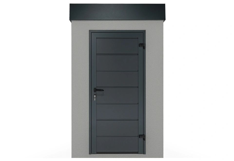 Zahradní domek 1,5 x 2 m se světle šedou omítkou, antracitovými doplňky, zateplenou střechou a jednokřídlými dveřmi.