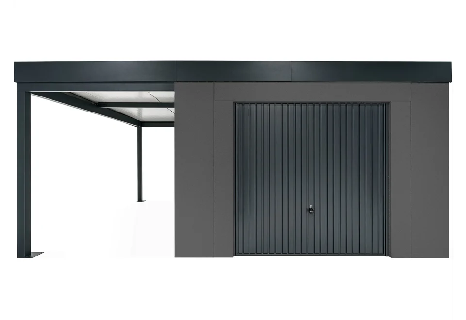 GARDEON® Zahradní domek s bezpečnostními garážovými vraty Hörmann a přístřeškem