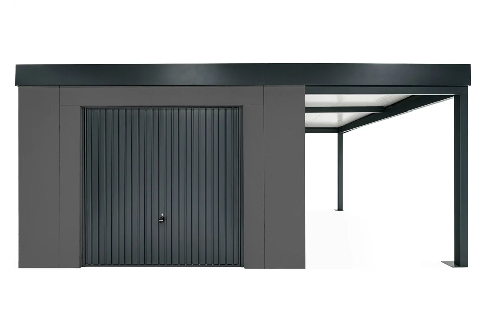 GARDEON® Zahradní domek s bezpečnostními garážovými vraty Hörmann a přístřeškem