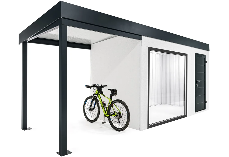 GARDEON® Zahradní domek s dveřmi, bezpečnostními garážovými vraty Hörmann a přístřeškem