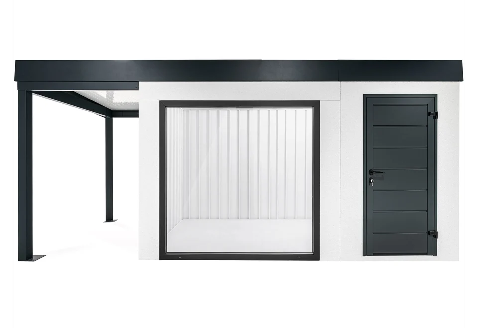 GARDEON® Zahradní domek s dveřmi, bezpečnostními garážovými vraty Hörmann a přístřeškem