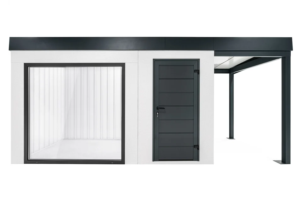 GARDEON® Zahradní domek s dveřmi, bezpečnostními garážovými vraty Hörmann a přístřeškem