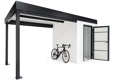 Levý přístřešek na kolo zahradního domku 2 x 2 m, s otevřenými jednokřídlými dveřmi, zateplenou střechou, bílou omítkou a antracitovými doplňky.