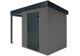 Zahradní domek s dveřmi Hörmann v antracitové barvě. Zahradní domek má přístřešek na levé straně o délce 1,5m.