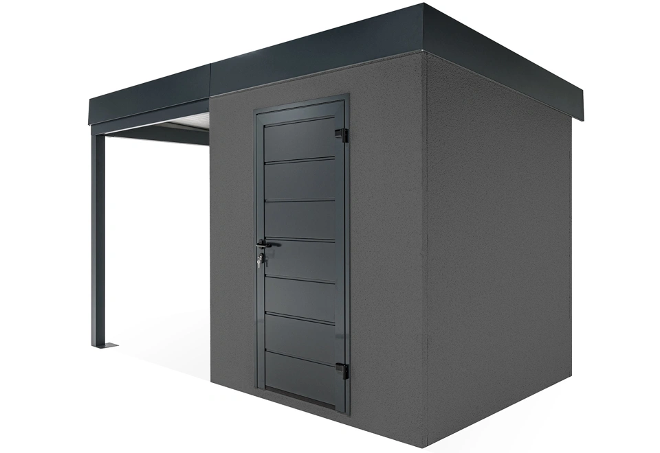 Zahradní domek s dveřmi Hörmann a přístřeškem na levé straně v antracitové barvě. Přístřešek o délce 2 m.
