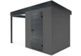 Zahradní domek s dveřmi Hörmann a přístřeškem na levé straně v antracitové barvě. Přístřešek o délce 2 m.