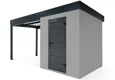 Zahradní domek s dveřmi Hörmann v šedé barvě. Zahradní domek má rozměr 2x2 m a přístřešek na levé straně o délce 3 m.