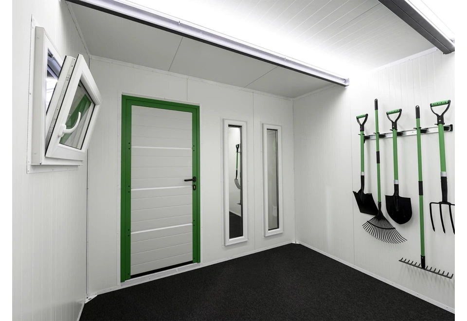 GARDEON® Zahradní domek s dveřmi Hörmann, dvěma okny, dvěma světlíky a přístřeškem