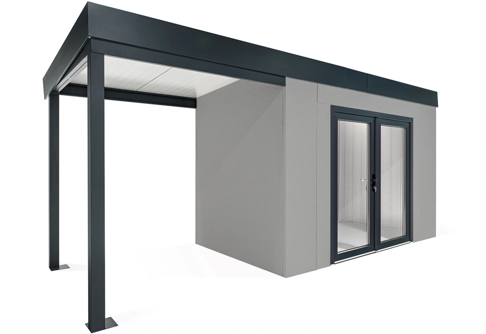 GARDEON® Zahradní domek s dvojitými panoramatickými dveřmi a přístřeškem