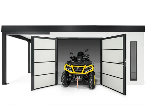 GARDEON® Zahradní domek s dvoukřídlými dveřmi Hörmann,dvěma světlíky a přístřeškem