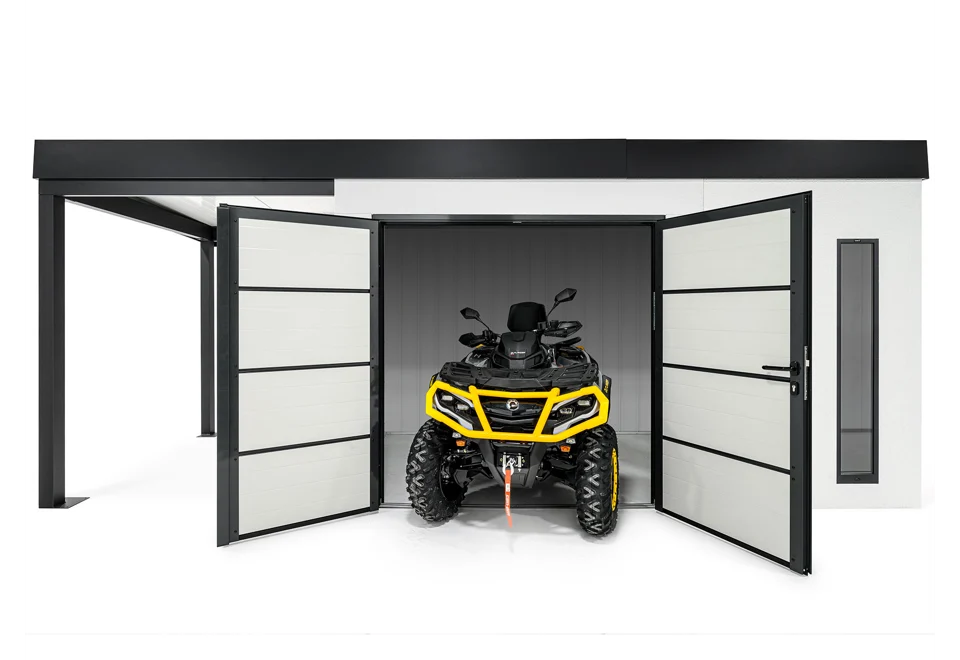 GARDEON® Zahradní domek s dvoukřídlými dveřmi Hörmann,dvěma světlíky a přístřeškem