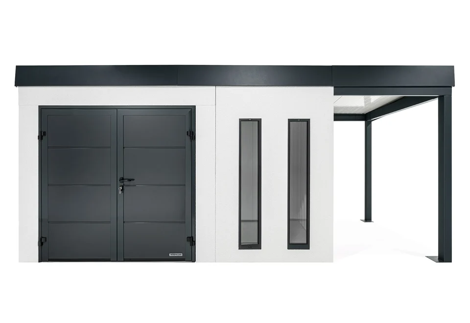 GARDEON® Zahradní domek s dvoukřídlými dveřmi Hörmann,dvěma světlíky a přístřeškem