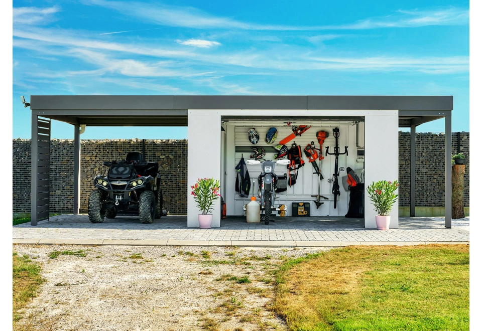 GARDEON® Zahradní domek s garážovou bránou a dvěma přístřešky