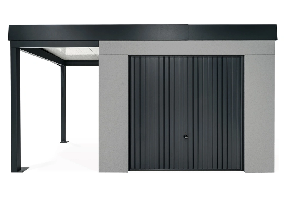 GARDEON® Zahradní domek s garážovými vraty Hörmann a levým přístřeškem