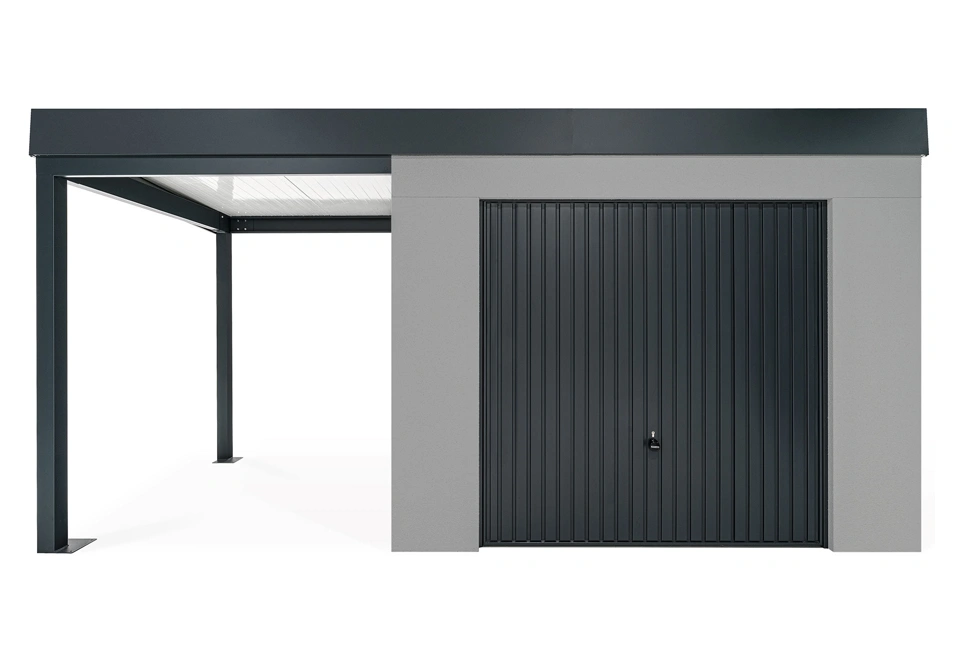 GARDEON® Zahradní domek s garážovými vraty Hörmann a levým přístřeškem