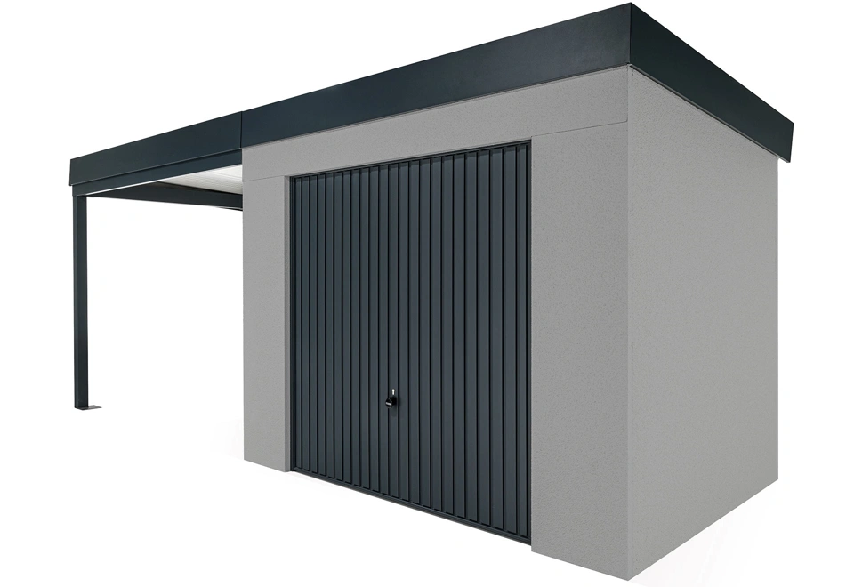 GARDEON® Zahradní domek s garážovými vraty Hörmann a levým přístřeškem
