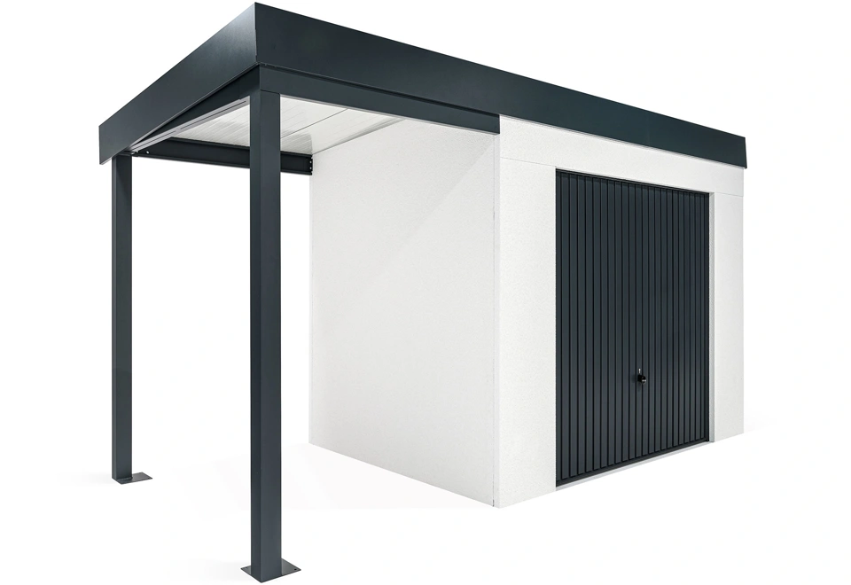 GARDEON® Zahradní domek s garážovými vraty Hörmann a levým přístřeškem