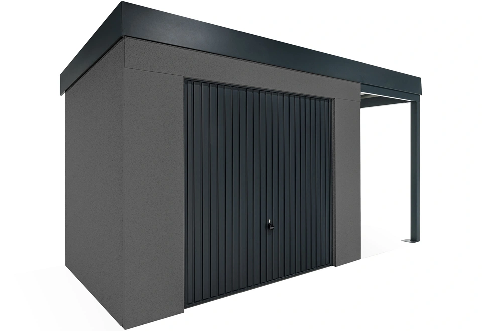 GARDEON® Zahradní domek s garážovými vraty Hörmann a pravým přístřeškem