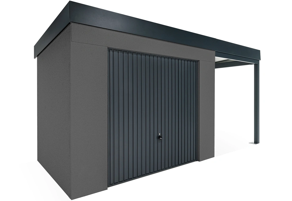 GARDEON® Zahradní domek s garážovými vraty Hörmann a pravým přístřeškem