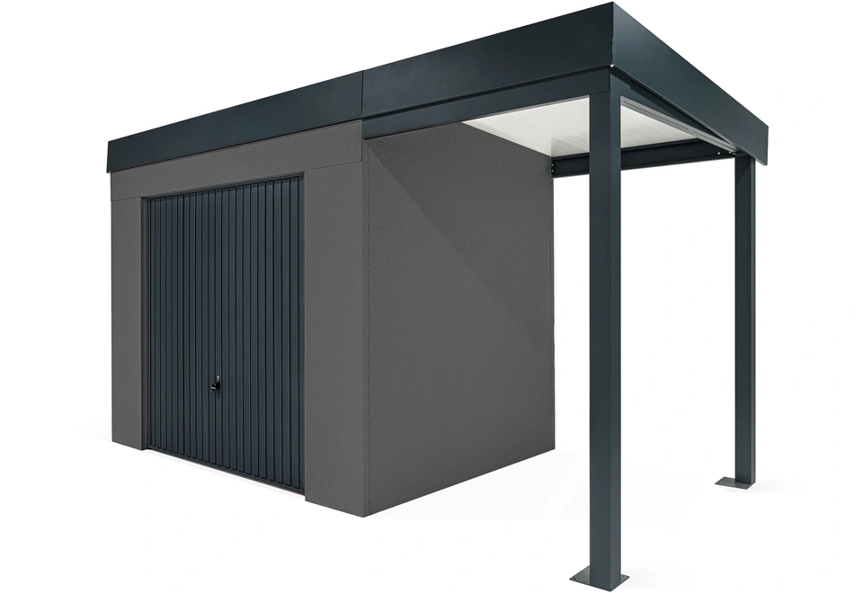 GARDEON® Zahradní domek s garážovými vraty Hörmann a pravým přístřeškem