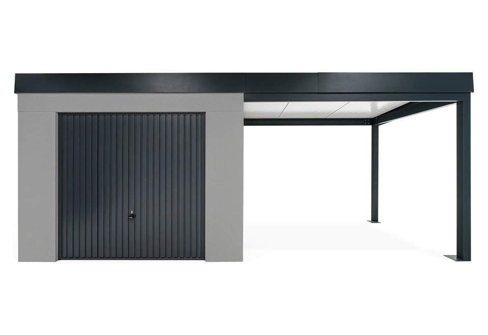 GARDEON® Zahradní domek s garážovými vraty Hörmann a pravým přístřeškem