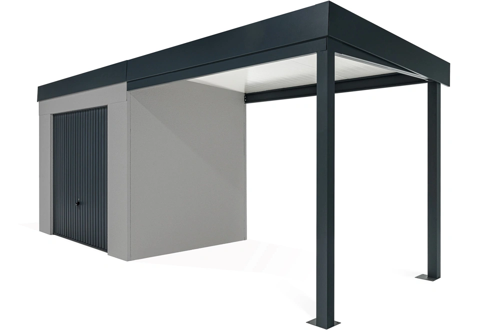 GARDEON® Zahradní domek s garážovými vraty Hörmann a pravým přístřeškem