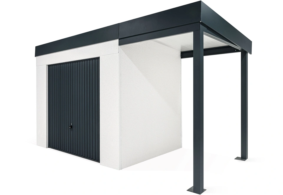 GARDEON® Zahradní domek s garážovými vraty Hörmann a pravým přístřeškem