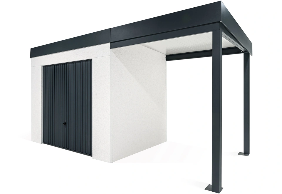 GARDEON® Zahradní domek s garážovými vraty Hörmann a pravým přístřeškem