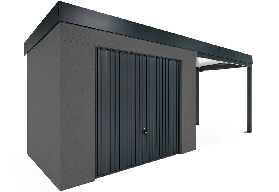 GARDEON® Zahradní domek s garážovými vraty Hörmann a přístřeškem