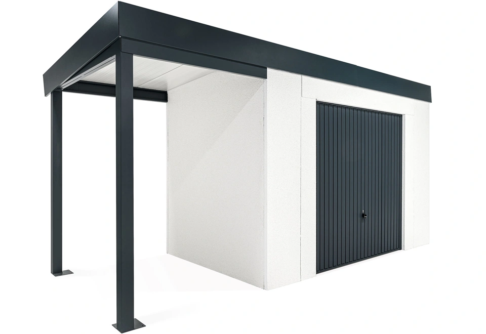 GARDEON® Zahradní domek s garážovými vraty Hörmann a přístřeškem