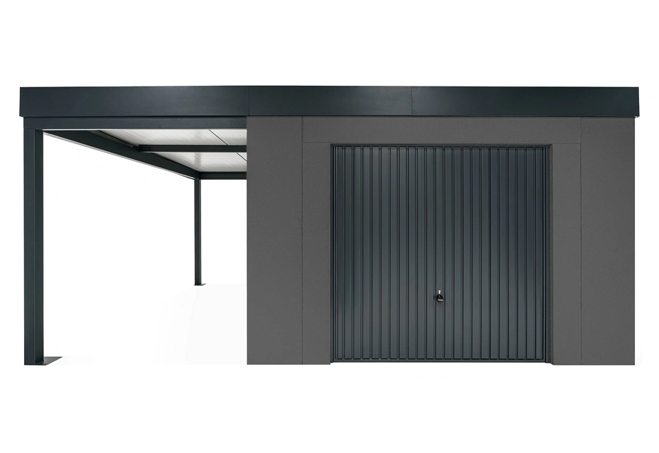 GARDEON® Zahradní domek s garážovými vraty Hörmann a přístřeškem