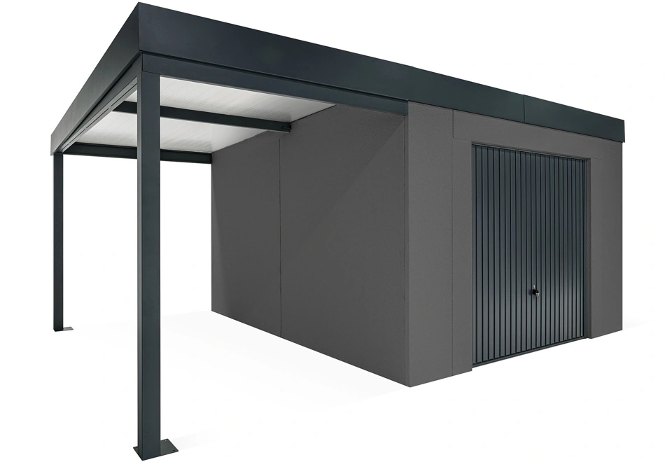 GARDEON® Zahradní domek s garážovými vraty Hörmann a přístřeškem