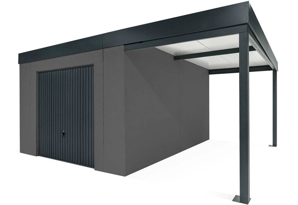 GARDEON® Zahradní domek s garážovými vraty Hörmann a přístřeškem