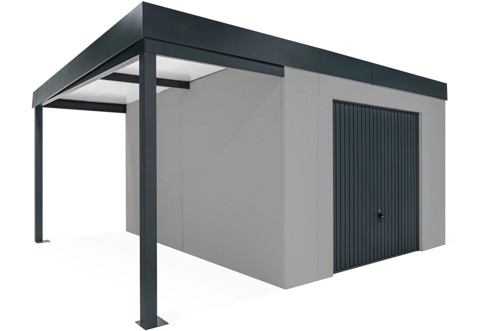 GARDEON® Zahradní domek s garážovými vraty Hörmann a přístřeškem