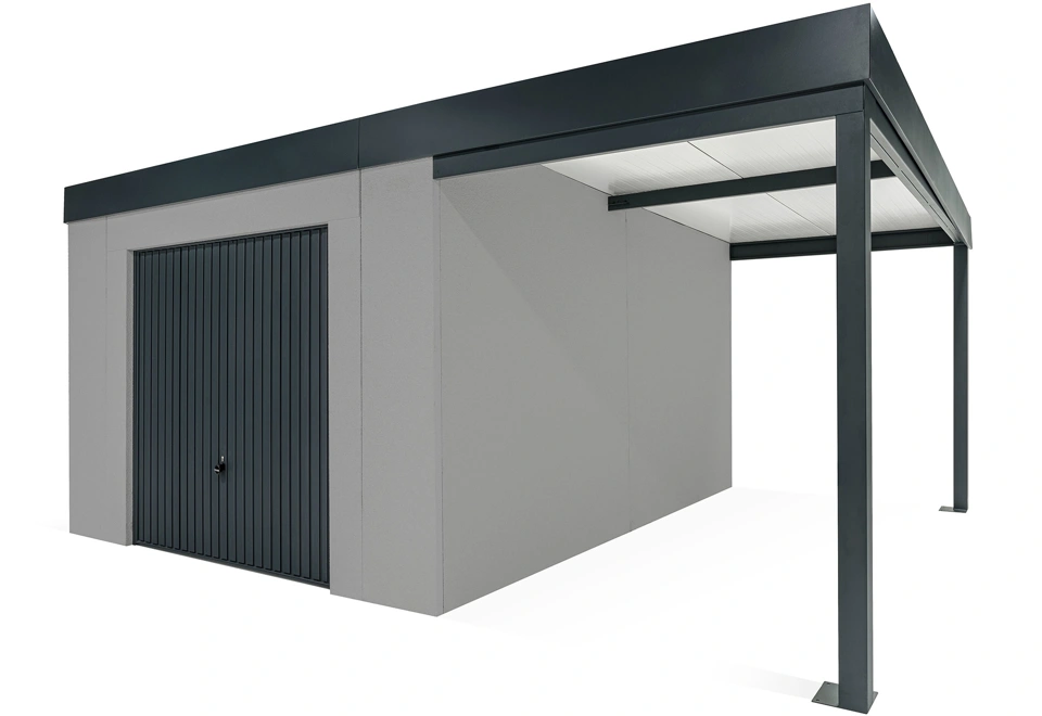 GARDEON® Zahradní domek s garážovými vraty Hörmann a přístřeškem