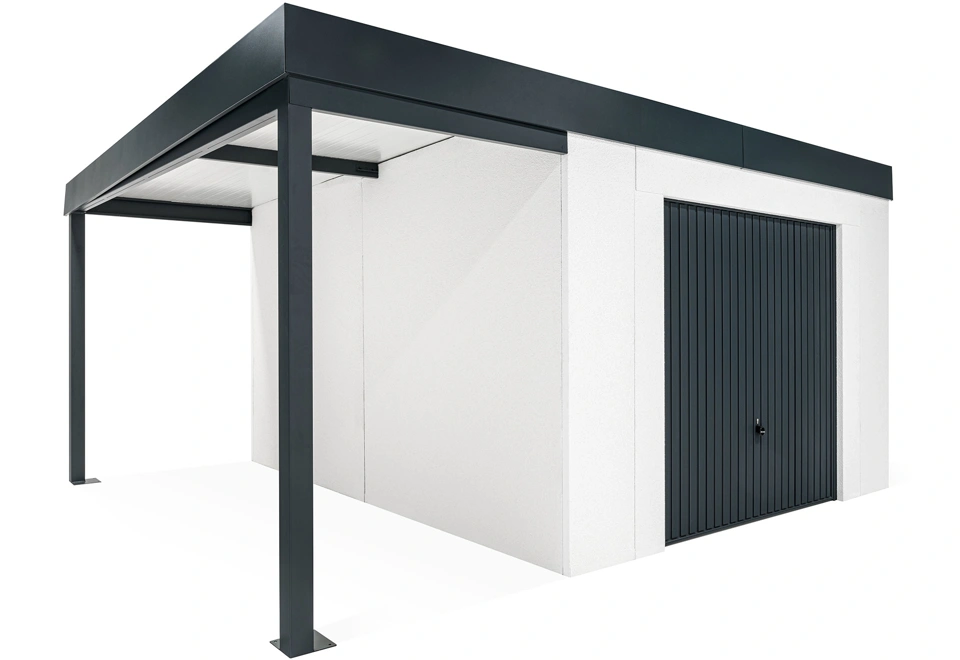 GARDEON® Zahradní domek s garážovými vraty Hörmann a přístřeškem