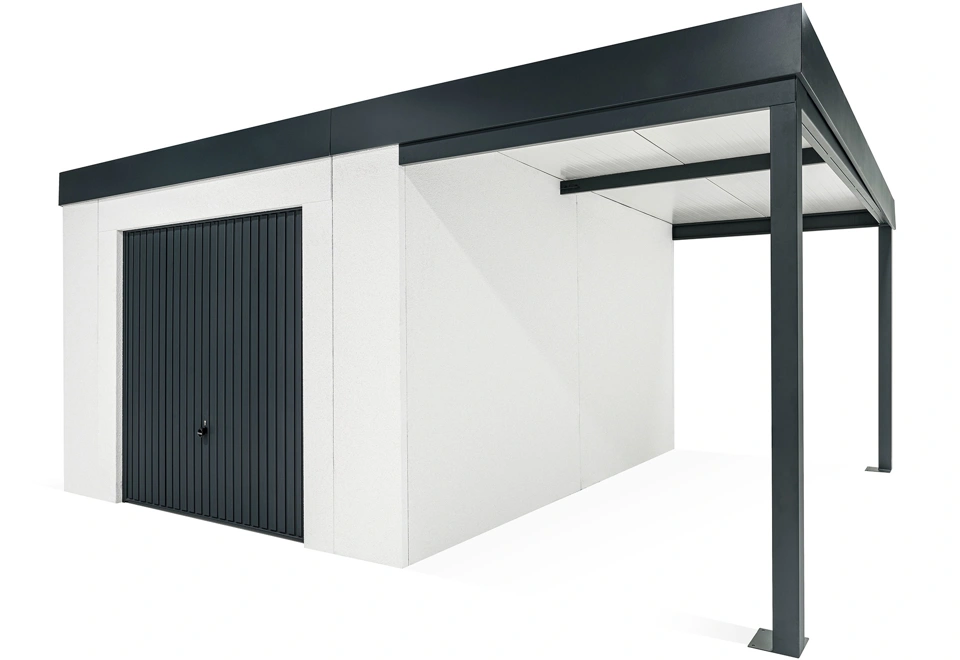 GARDEON® Zahradní domek s garážovými vraty Hörmann a přístřeškem