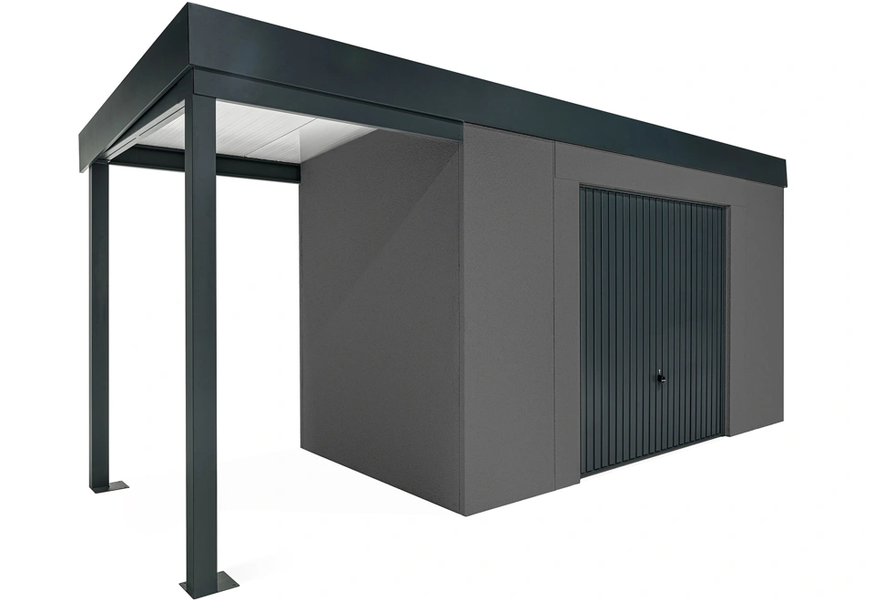 GARDEON® Zahradní domek s garážovými vraty Hörmann a přístřeškem