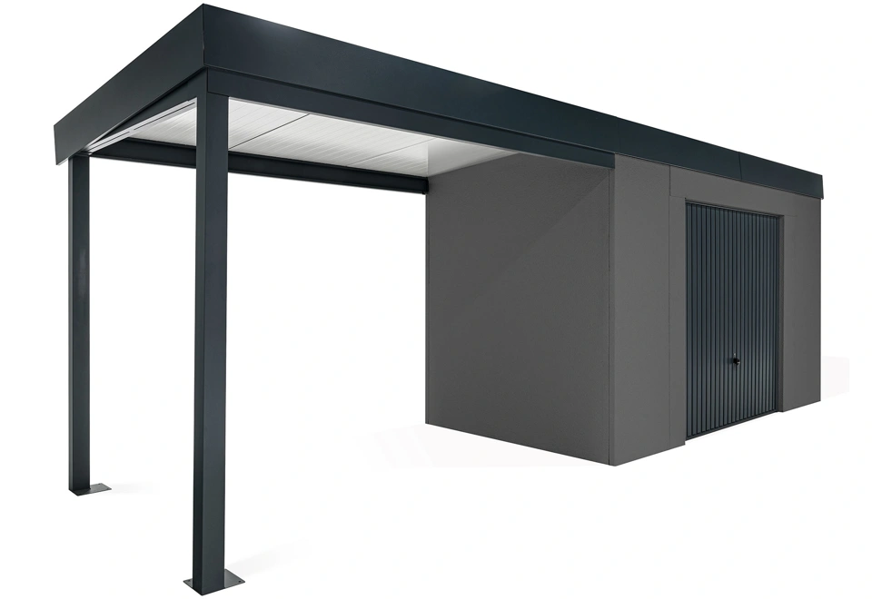 GARDEON® Zahradní domek s garážovými vraty Hörmann a přístřeškem