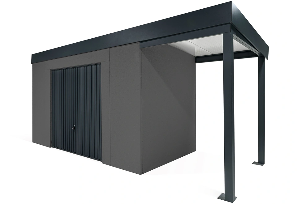 GARDEON® Zahradní domek s garážovými vraty Hörmann a přístřeškem