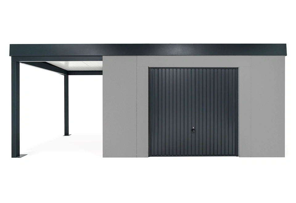 GARDEON® Zahradní domek s garážovými vraty Hörmann a přístřeškem