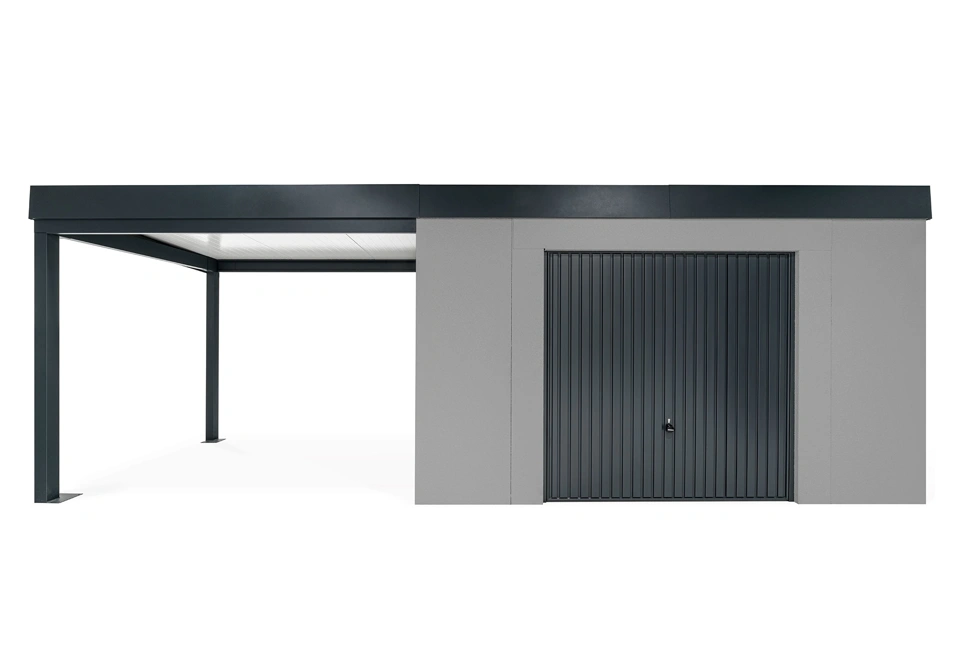 GARDEON® Zahradní domek s garážovými vraty Hörmann a přístřeškem