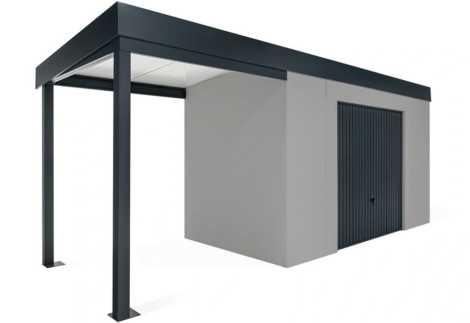 GARDEON® Zahradní domek s garážovými vraty Hörmann a přístřeškem